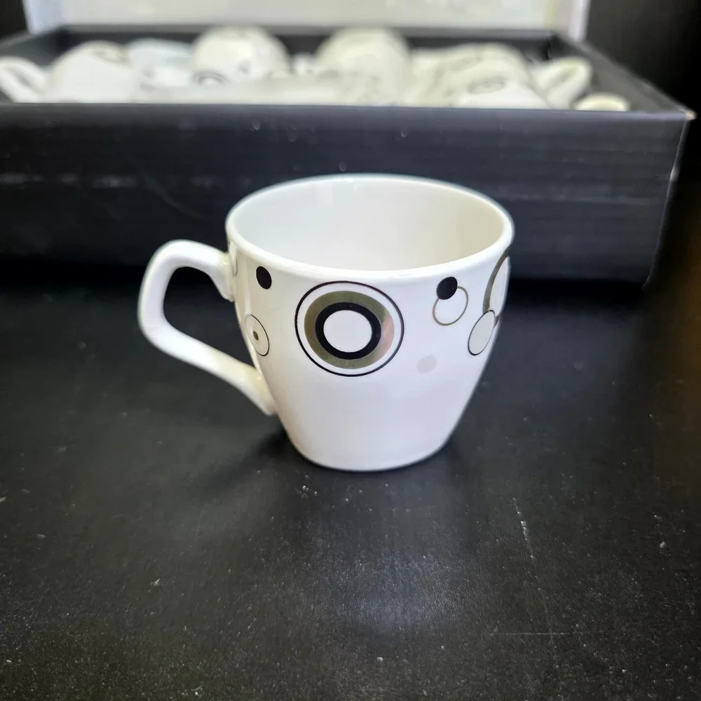 Espresso Cup and Saucer 12pc Set White Black Gold Geometric Modern Minimalist